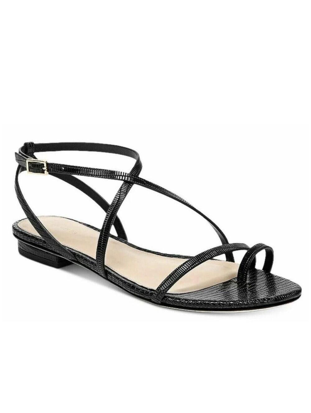 Via Spiga Flat Leather Sandals Women's Size 9M Black Embossed Strappy Ankle